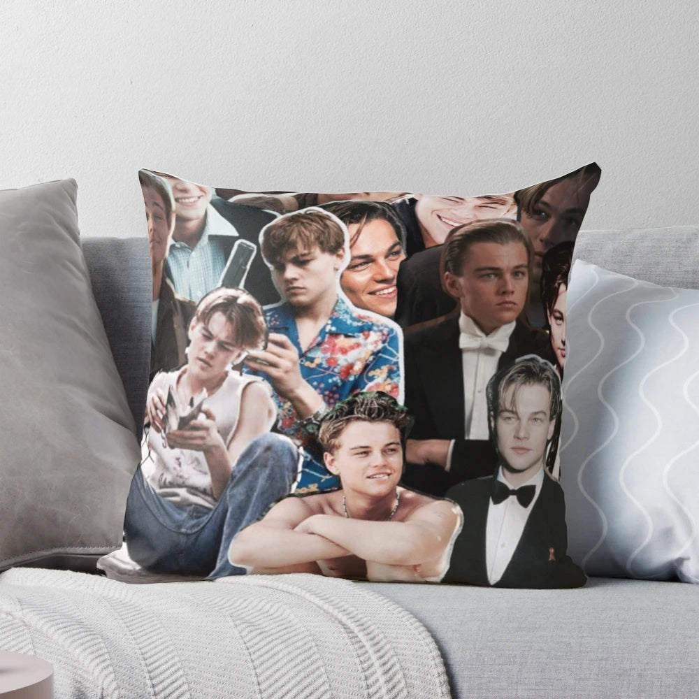 Collage pillow featuring images of actor Leonardo DiCaprio in various roles