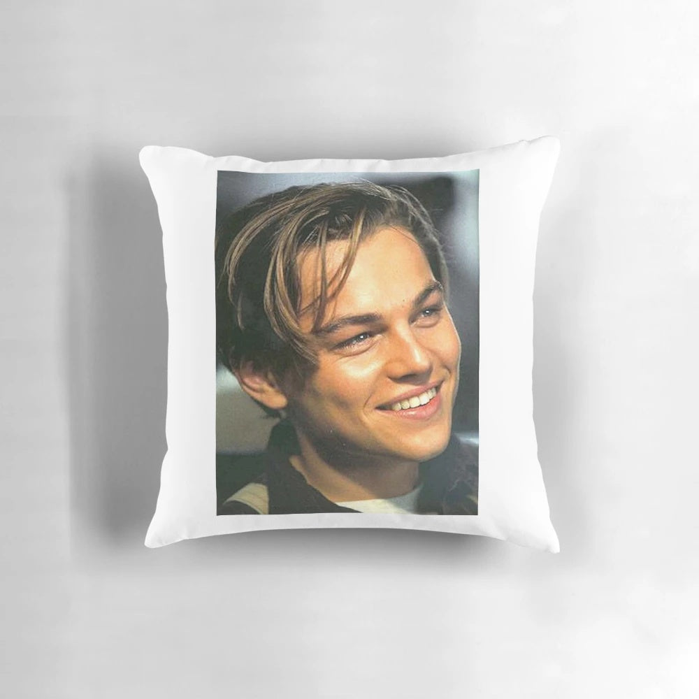 Soft, high-quality decorative pillow featuring a portrait of famous actor Leonardo DiCaprio