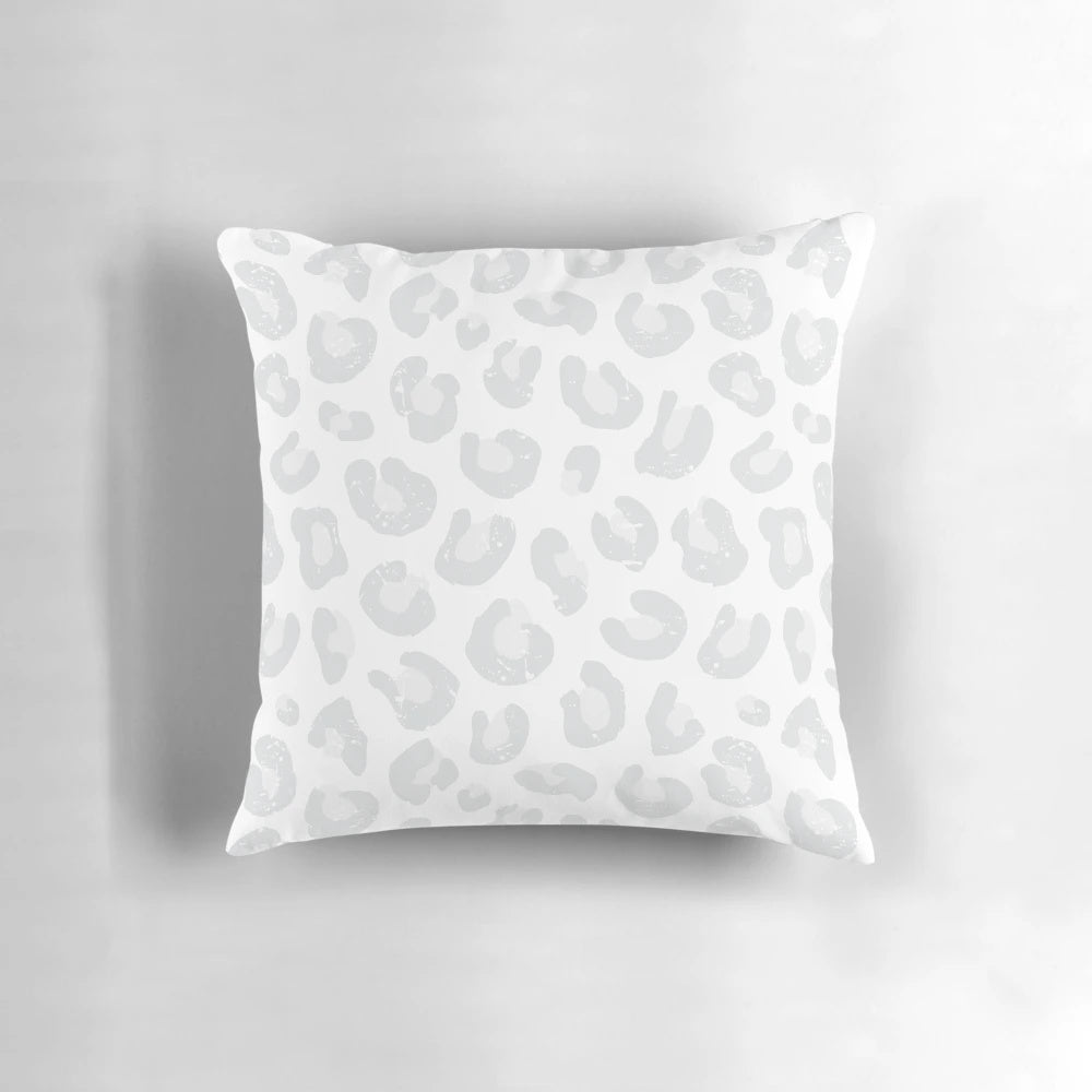 Leopard print decorative pillow in silver gray and white colors