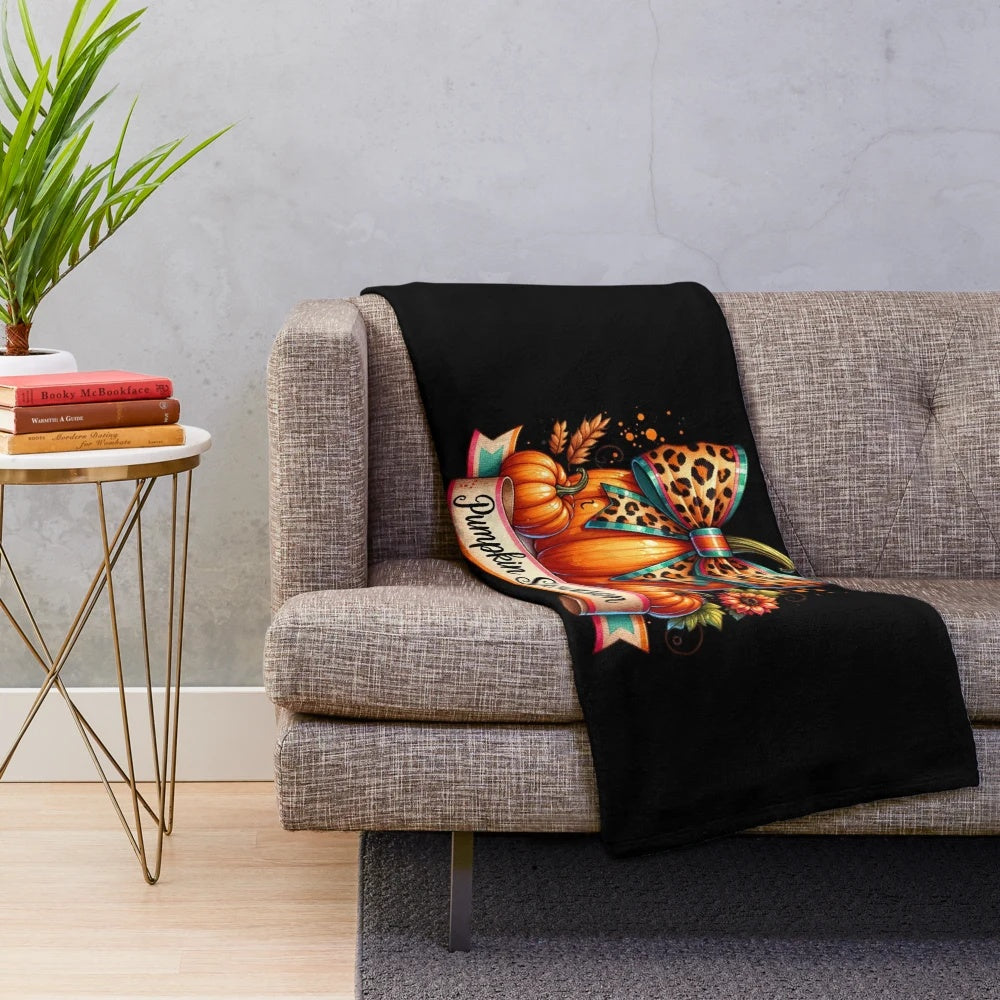 Leopard print pumpkin design on a cozy plush blanket