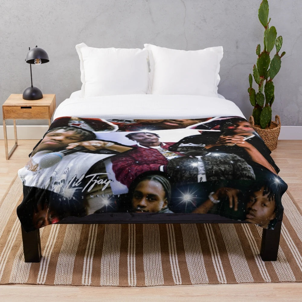 Lil Tjay inspired plush blanket with collage design