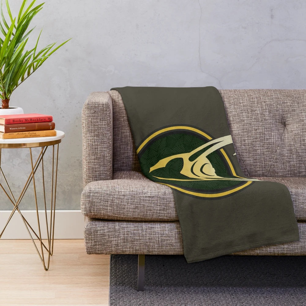 Loki-inspired plush blanket featuring the god of mischief's iconic helmet