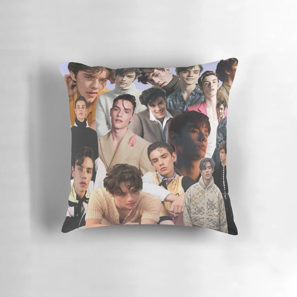 Collage-style pillow featuring an image of British actor Louis Partridge