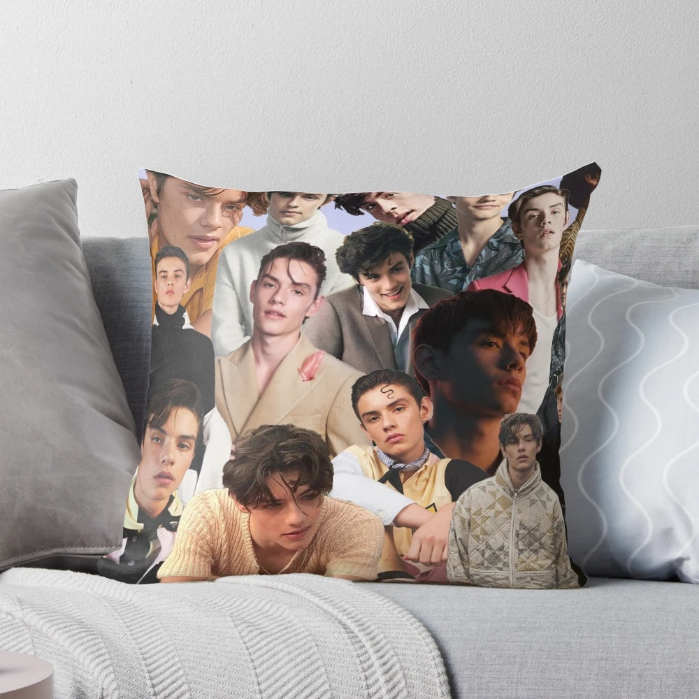 Collage-style pillow featuring an image of British actor Louis Partridge