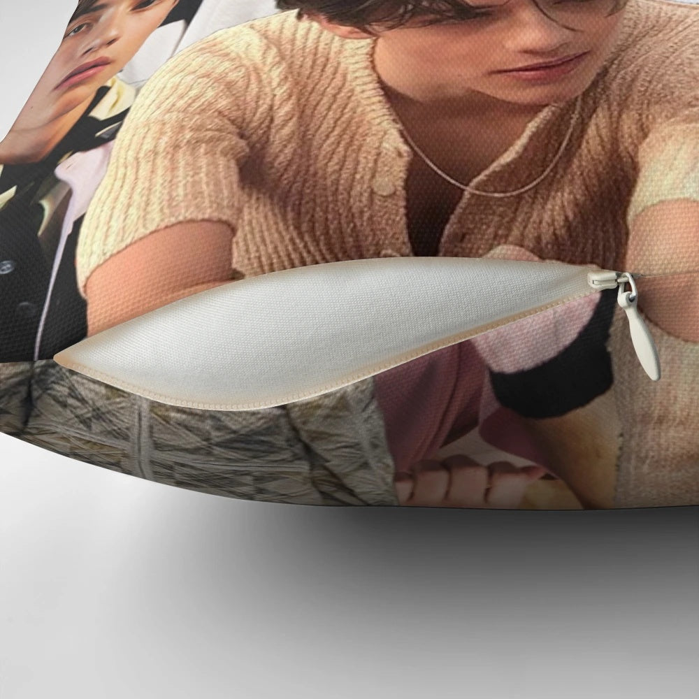 Collage-style pillow featuring an image of British actor Louis Partridge
