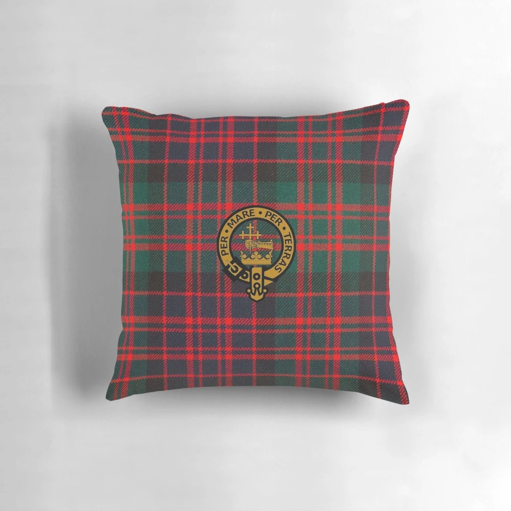 Decorative pillow featuring the iconic MacDonald clan tartan and crest, representing Scottish heritage and pride.