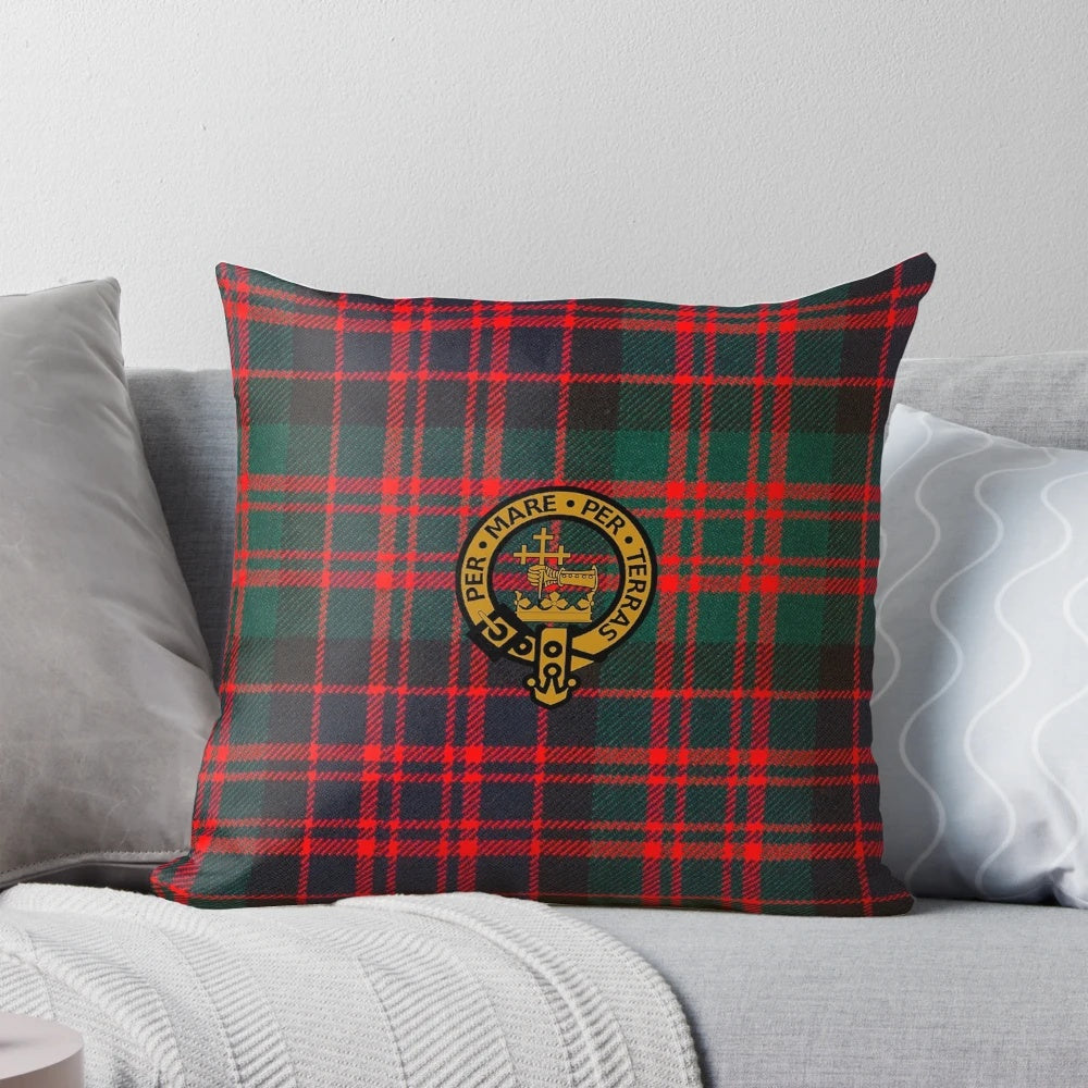 Decorative pillow featuring the iconic MacDonald clan tartan and crest, representing Scottish heritage and pride.