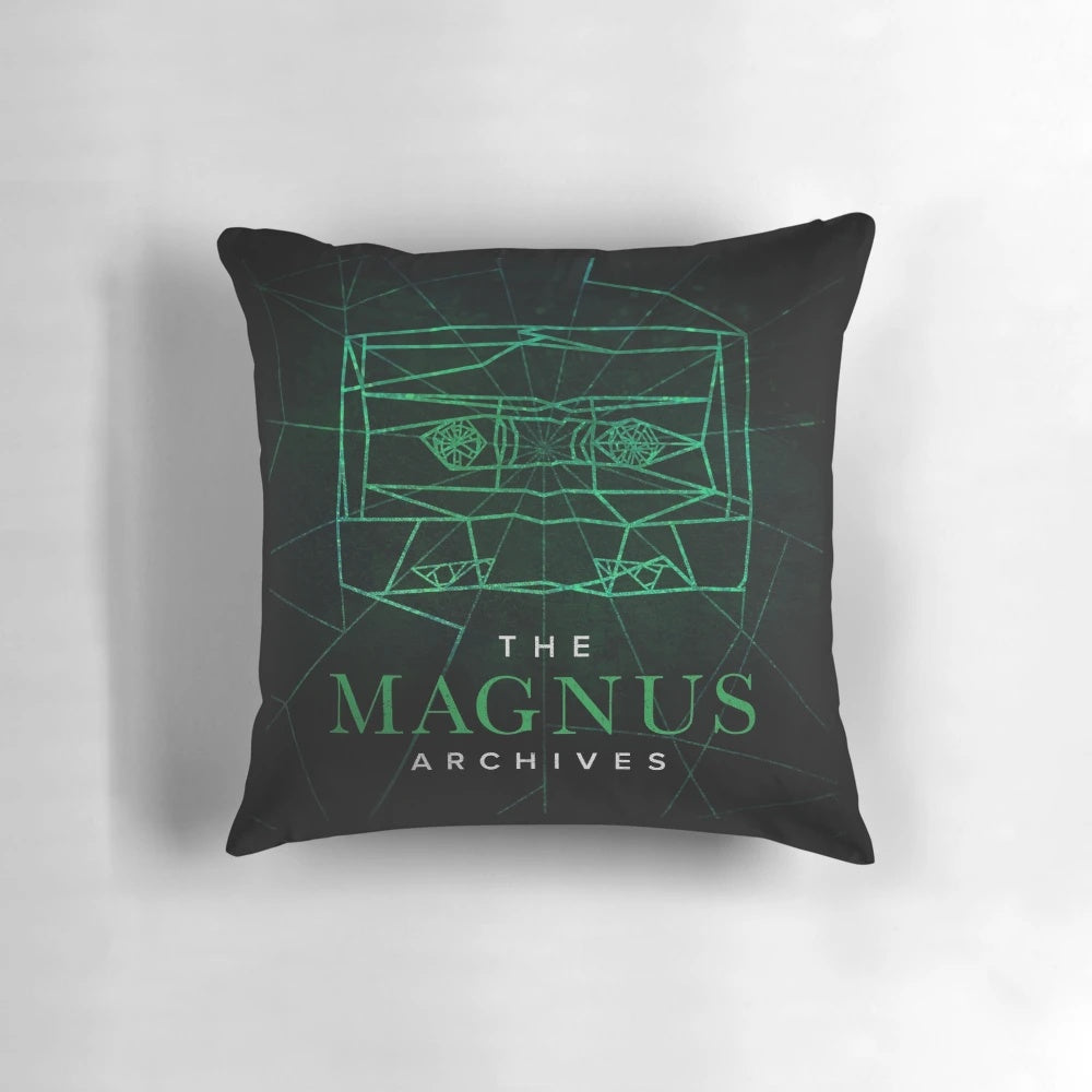 A stylish square pillow featuring the iconic Magnus Archives logo design.