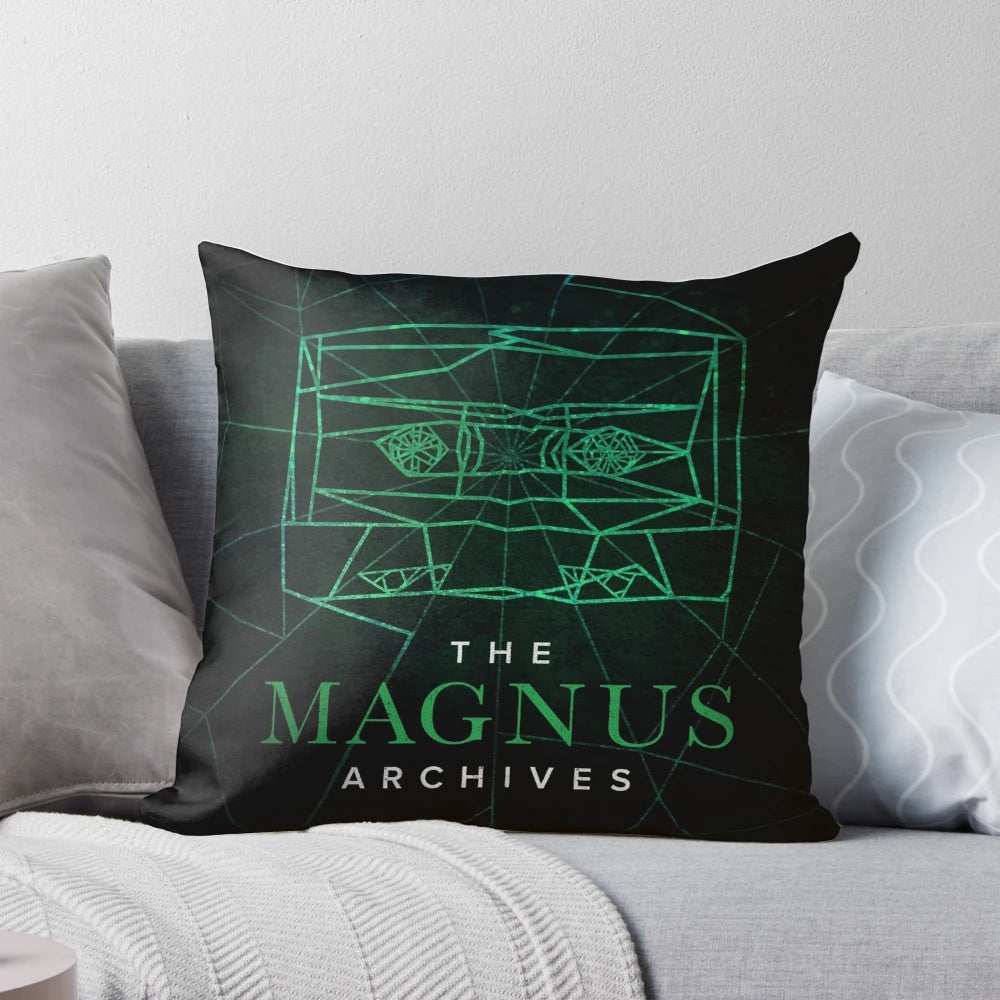 A stylish square pillow featuring the iconic Magnus Archives logo design.