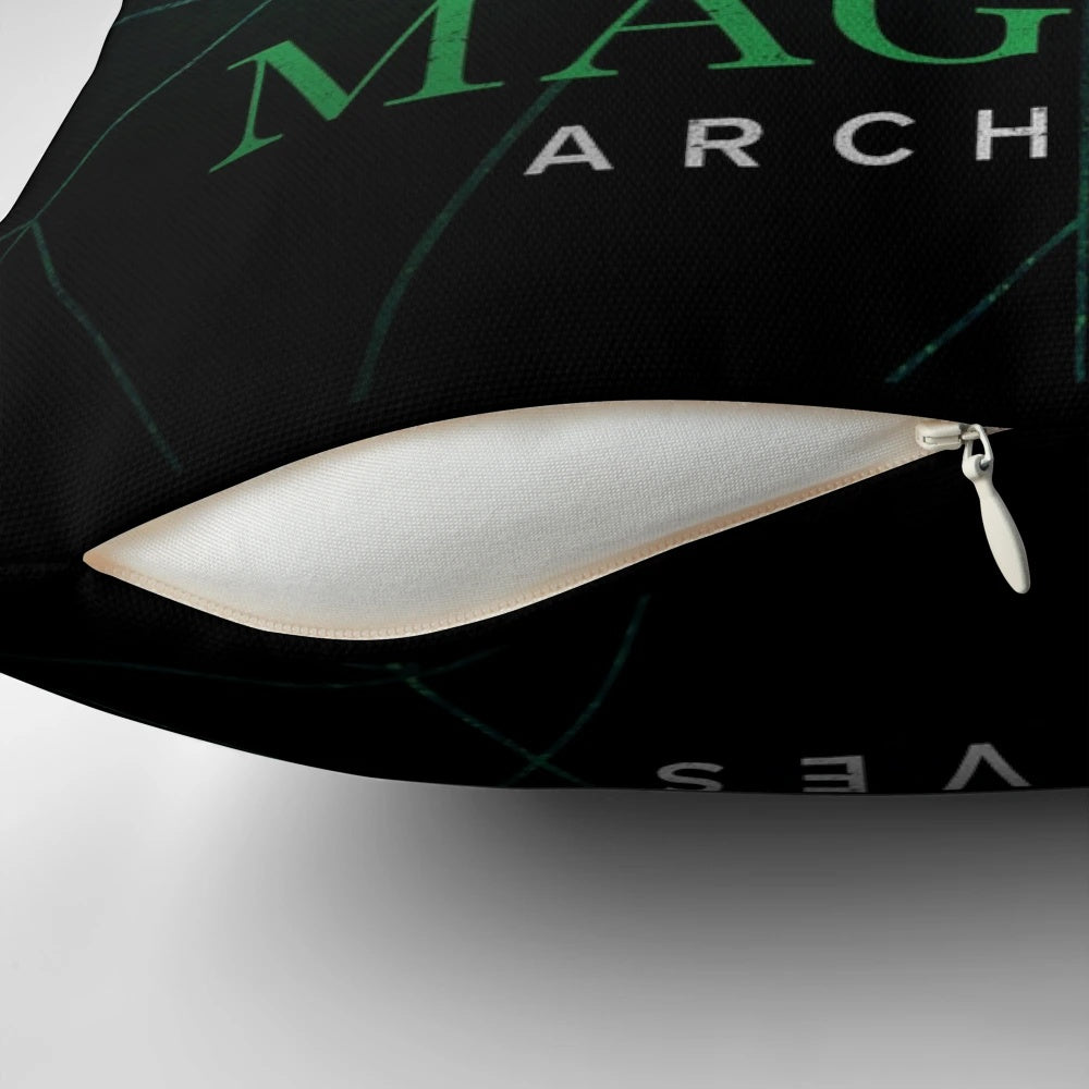 A stylish square pillow featuring the iconic Magnus Archives logo design.