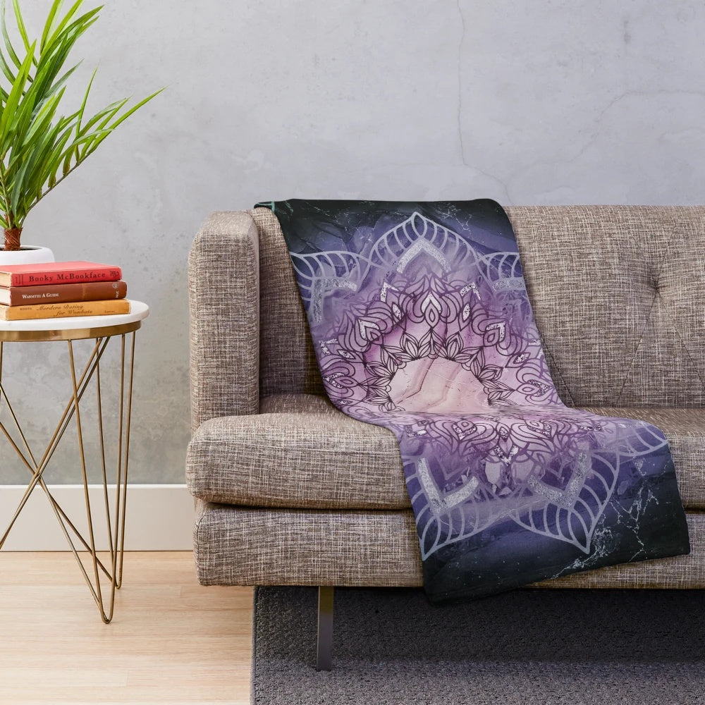 Stylish mandala patterned plush blanket in teal and purple colors