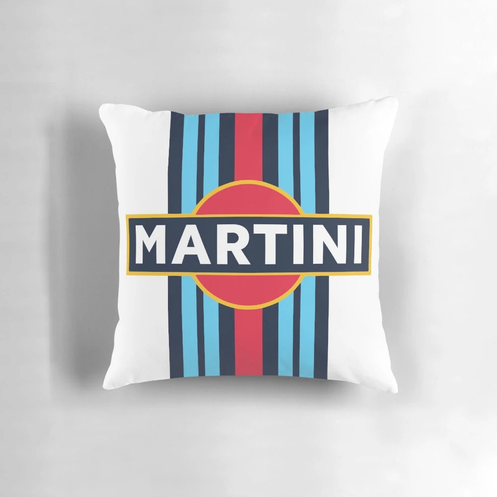 Vibrant Martini-themed racing livery design printed on a plush pillow