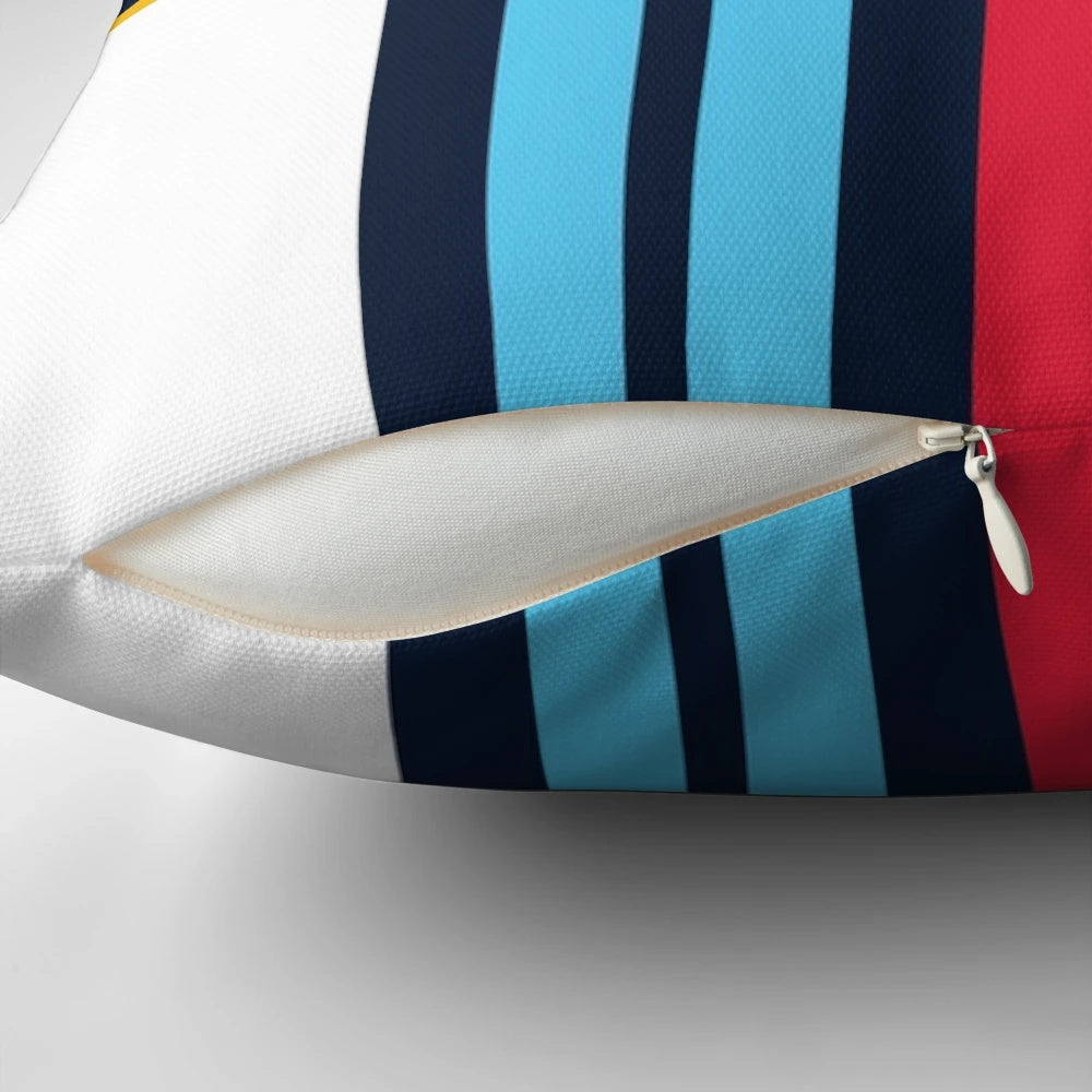 Vibrant Martini-themed racing livery design printed on a plush pillow