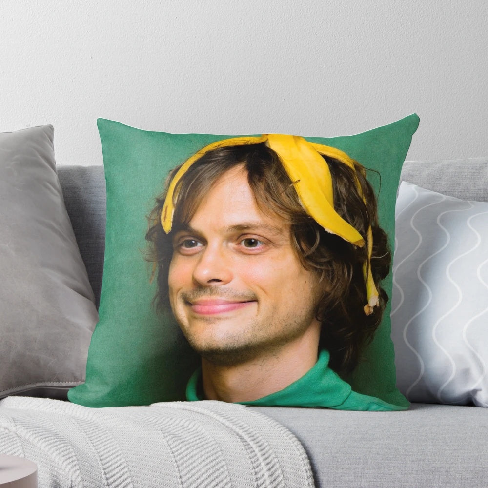 Plush pillow featuring a playful image of actor Matthew Gray Gubler holding a banana