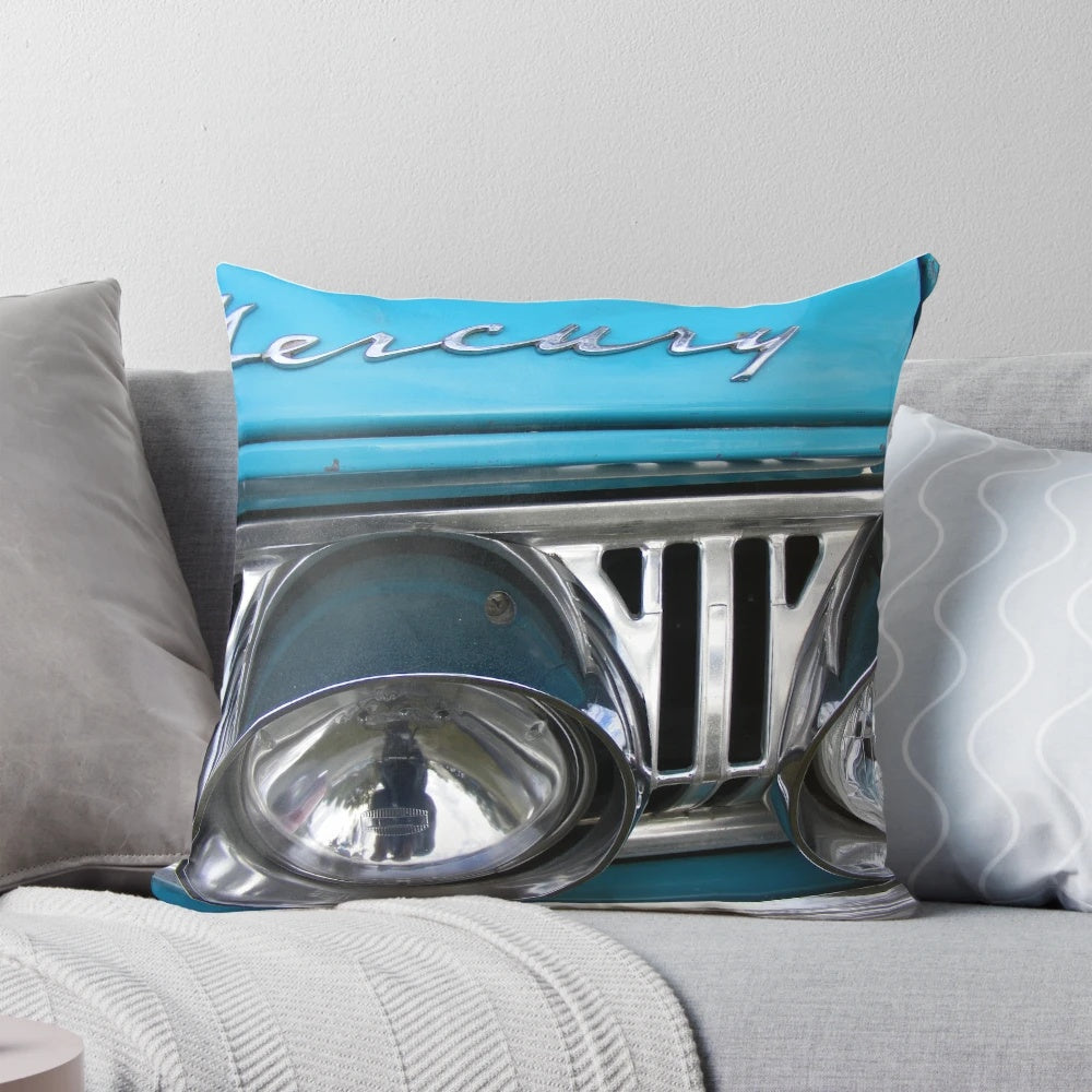 Mercury badge decorative pillow with embroidered automotive emblem