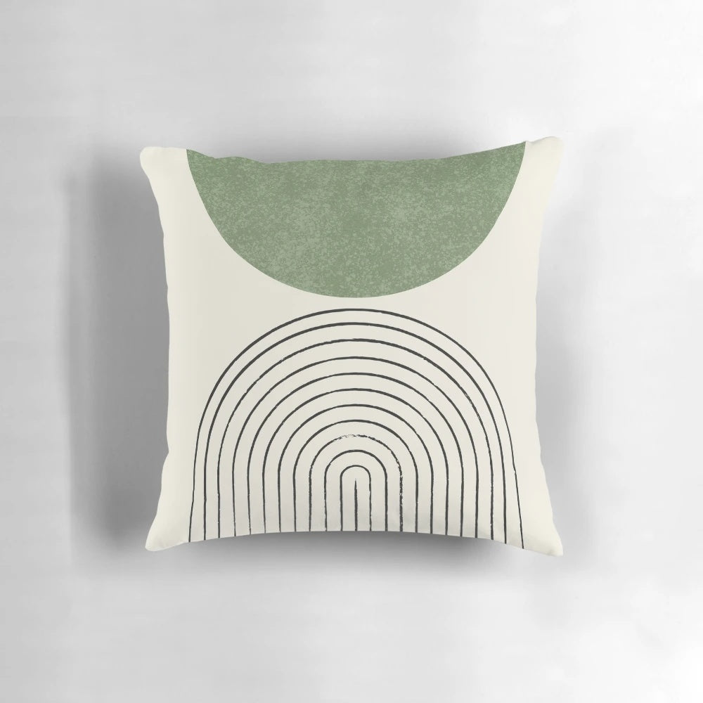A mid-century modern style green throw pillow with an abstract, geometric retro pattern.