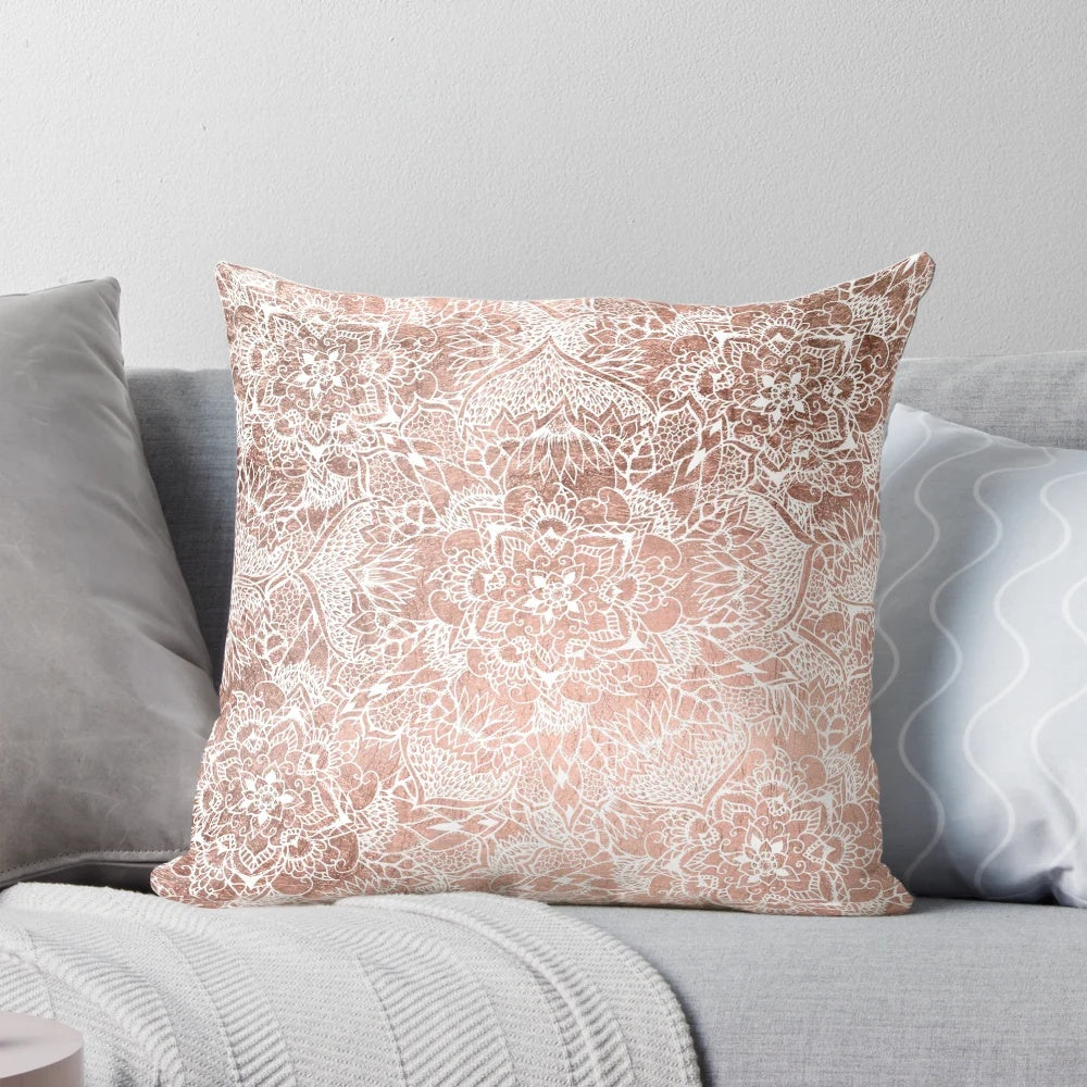 Modern floral mandala design pillow with rose gold and white color scheme