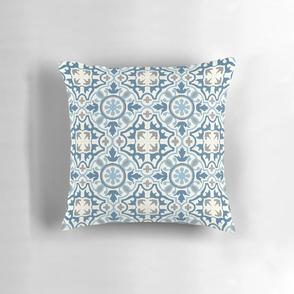 Moroccan tile pattern decorative throw pillow in shades of blue and grey
