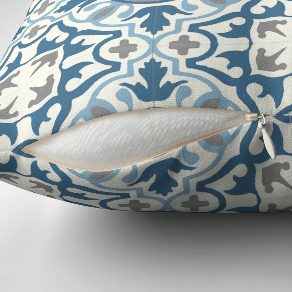 Moroccan tile pattern decorative throw pillow in shades of blue and grey