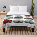 Morris Minor inspired plush blanket featuring a cartoon-style illustration of the iconic classic British car