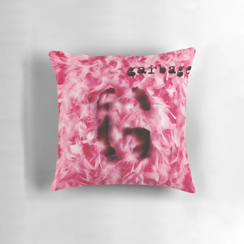 Pillow showcasing iconic music album covers from Garbage, 1 Crush, and other beloved artists.