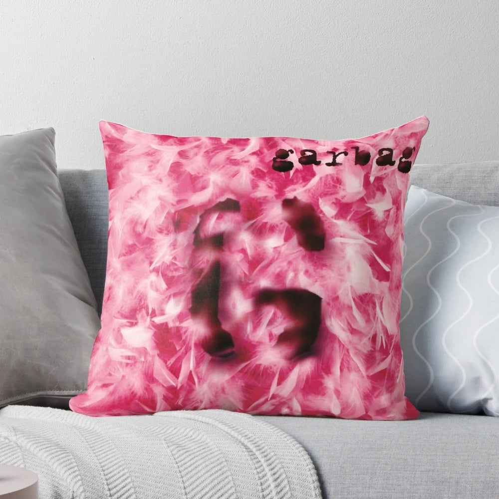 Pillow showcasing iconic music album covers from Garbage, 1 Crush, and other beloved artists.