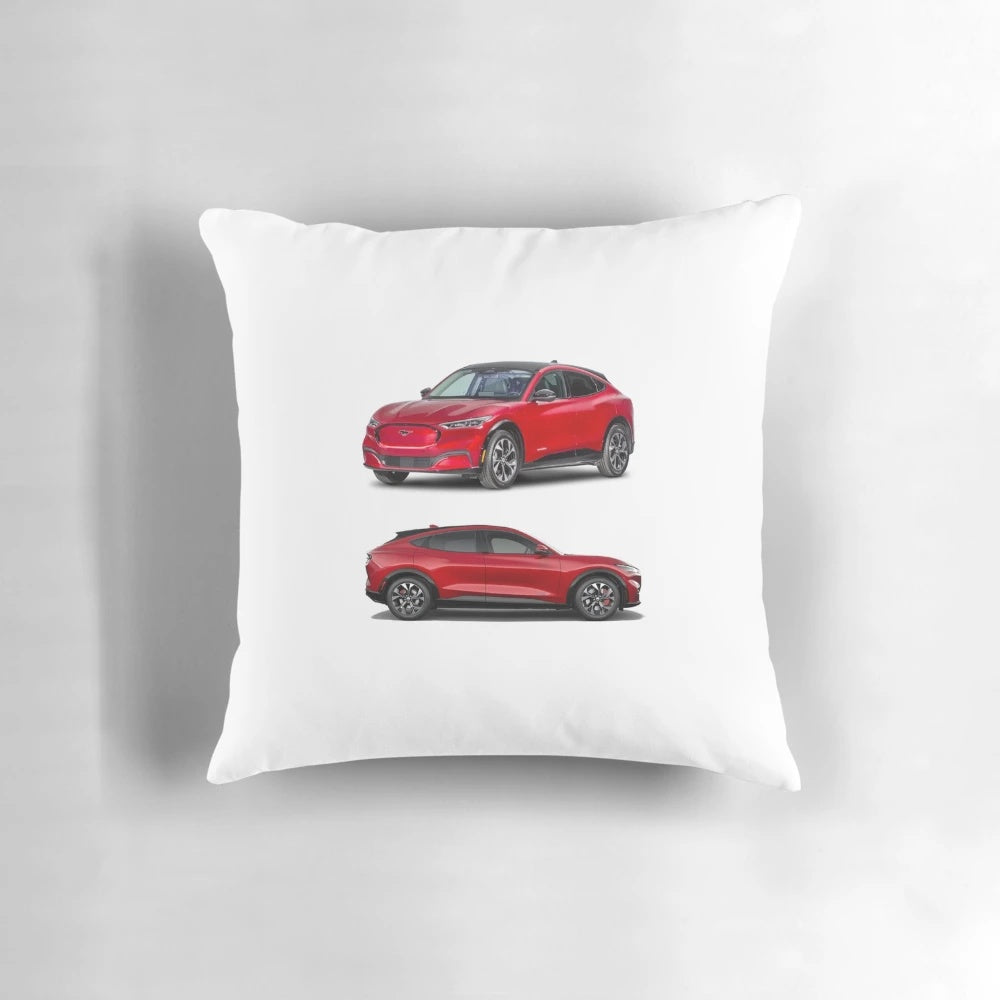 A vibrant red decorative pillow featuring the iconic Ford Mustang Mach E GT sports car
