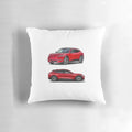 A vibrant red decorative pillow featuring the iconic Ford Mustang Mach E GT sports car