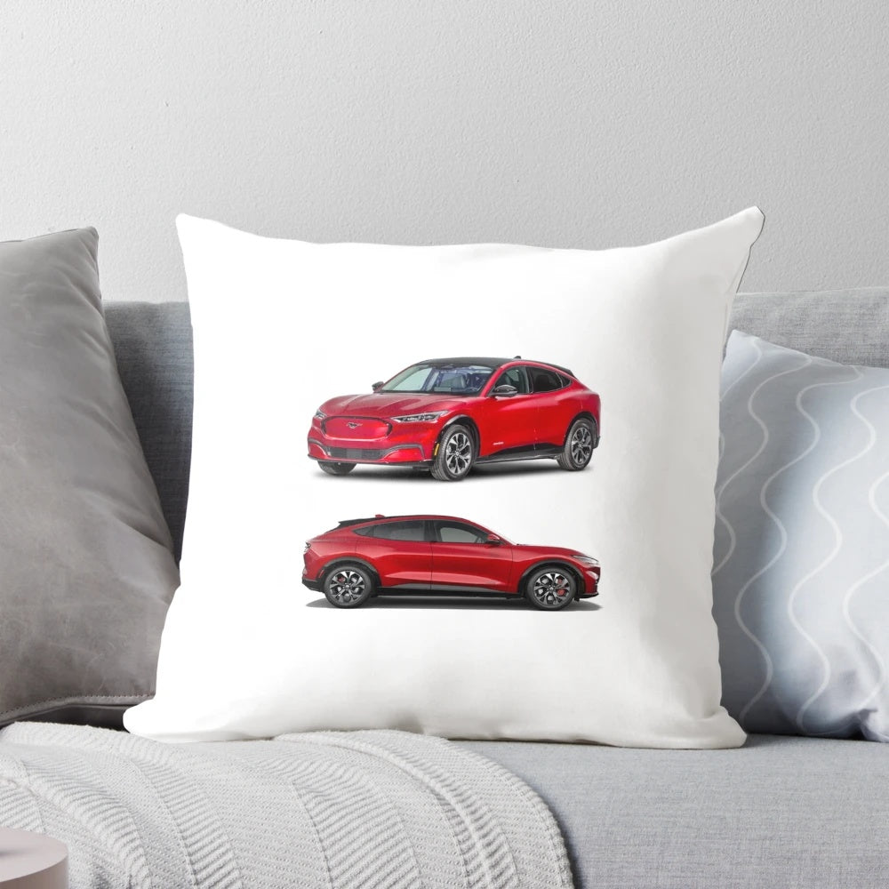A vibrant red decorative pillow featuring the iconic Ford Mustang Mach E GT sports car