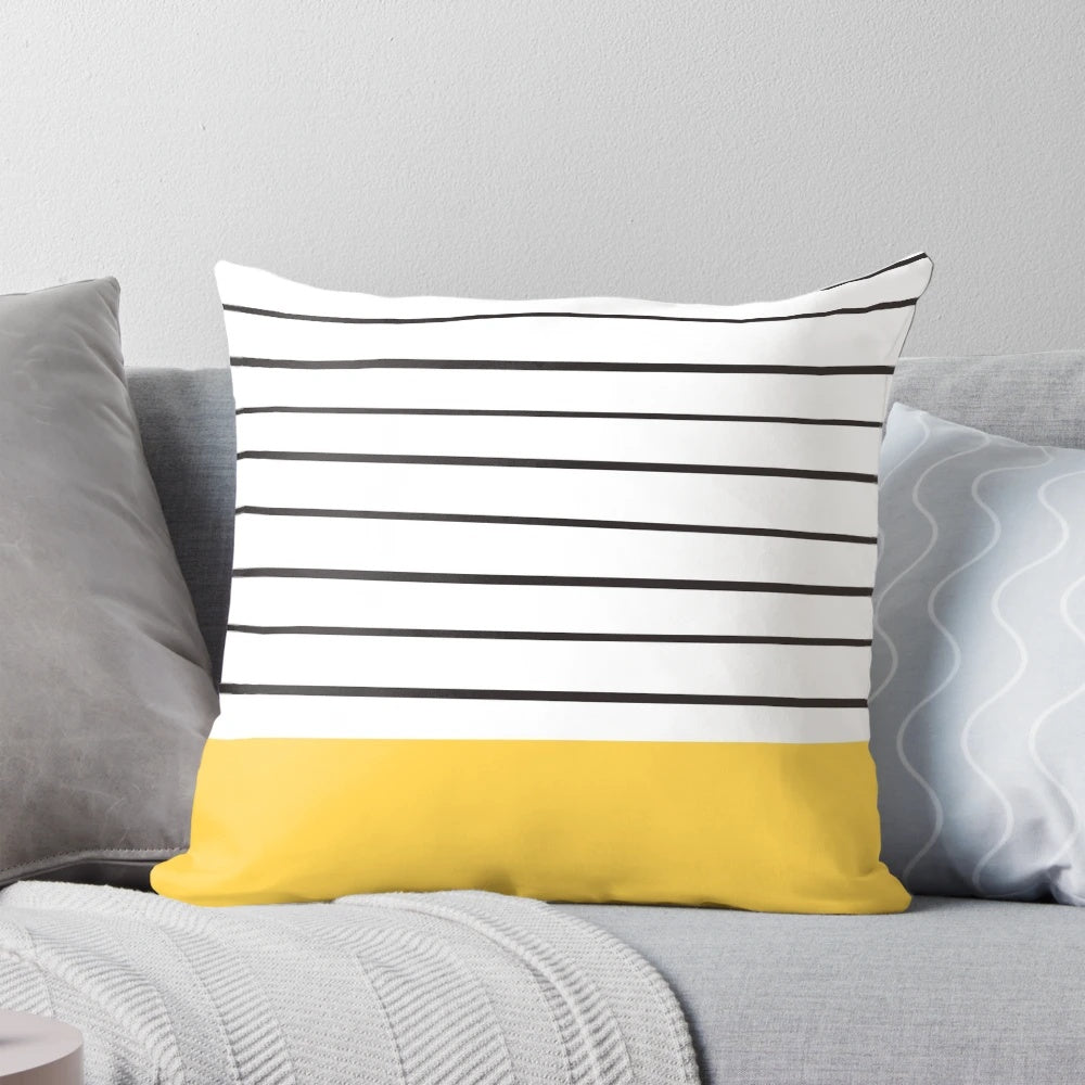 Mustard yellow and navy striped minimalist pillow with a modern, geometric design
