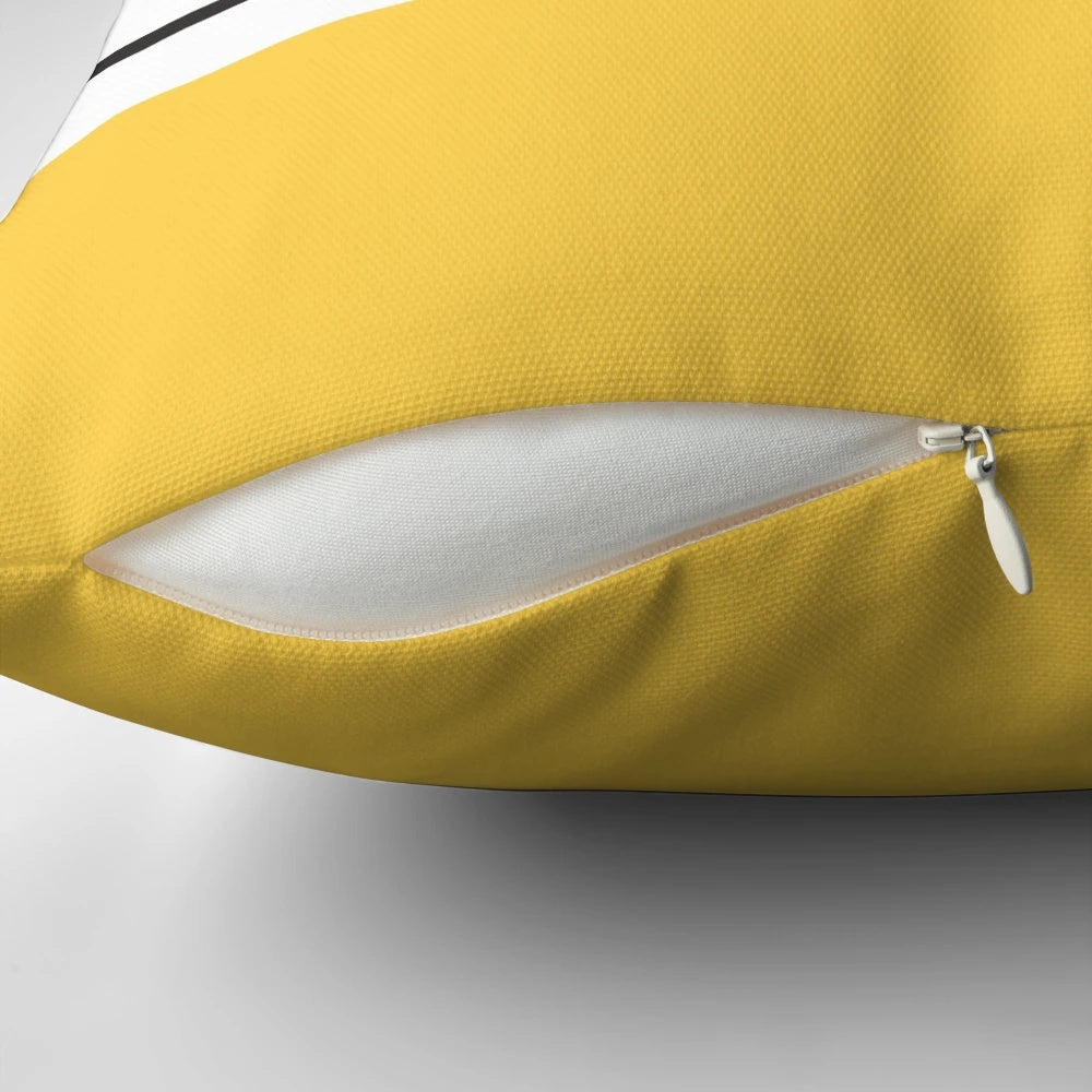 Mustard yellow and navy striped minimalist pillow with a modern, geometric design