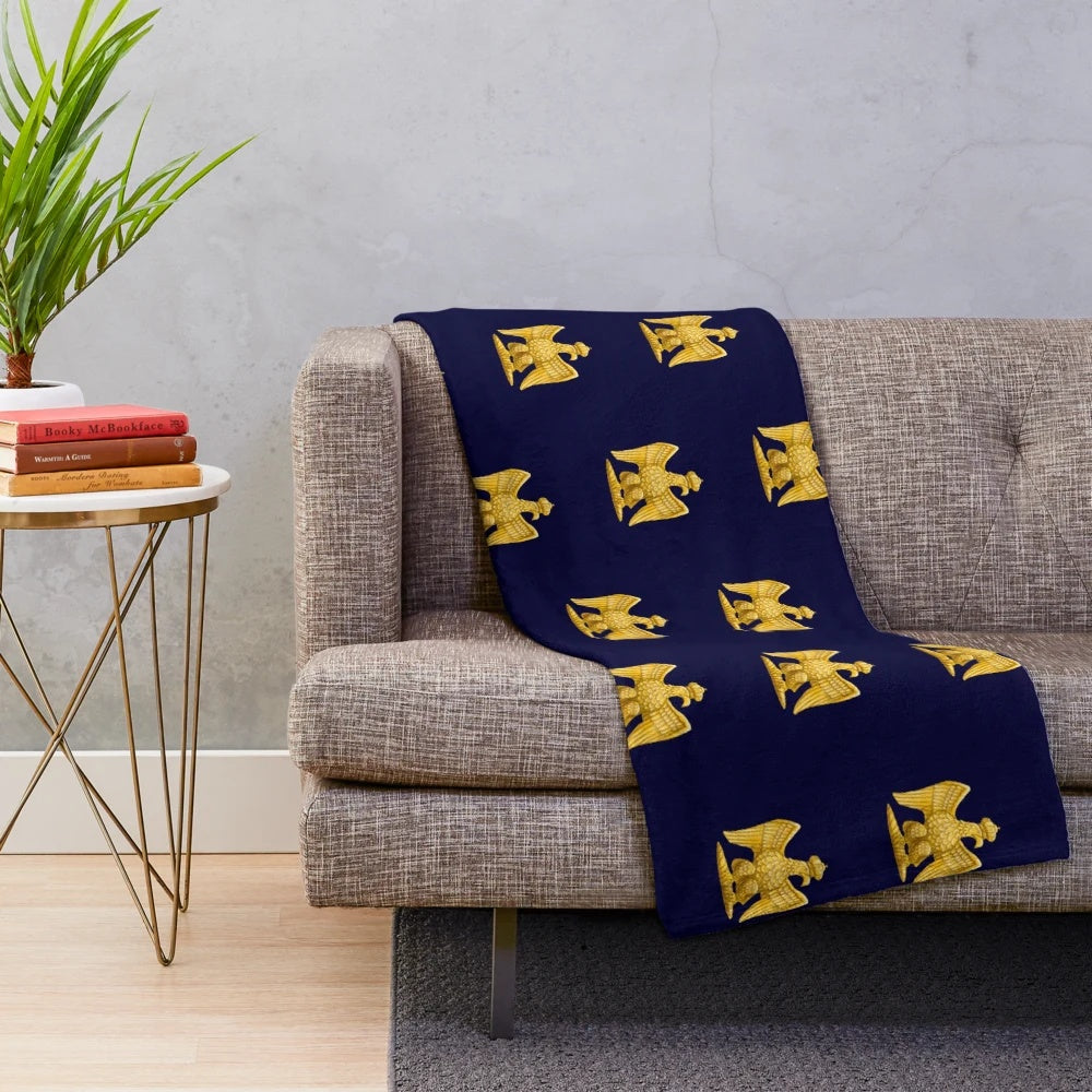 Blue plush blanket with Napoleonic imperial eagle design