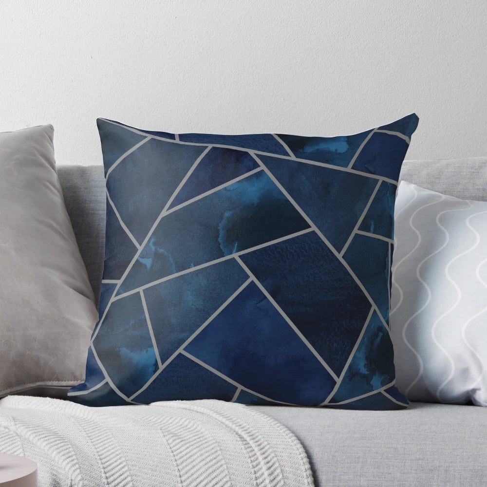 Navy and grey geometric patterned decorative pillow for living room, bedroom or couch