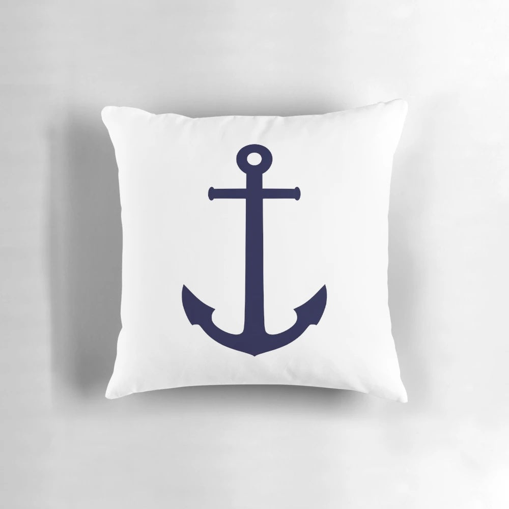 Navy blue anchor-themed pillow against a white background