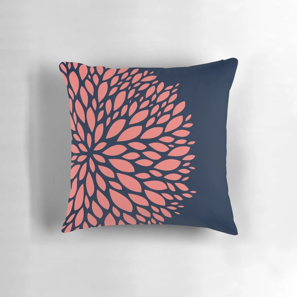 Navy blue and coral flower design decorative throw pillow