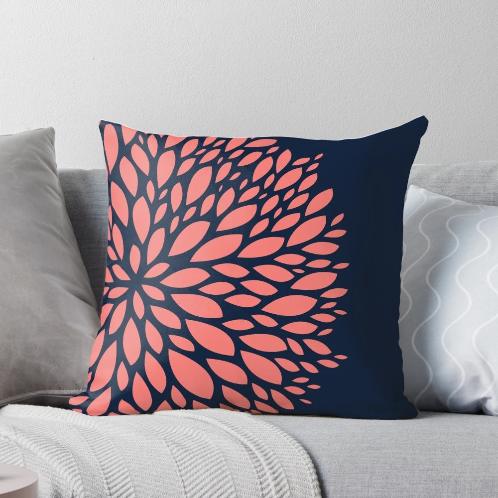 Navy blue and coral flower design decorative throw pillow