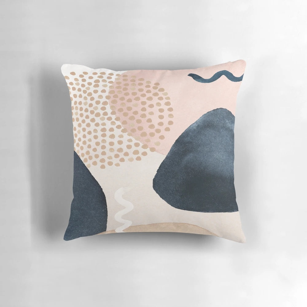 Navy blue and pink abstract patterned decorative throw pillow