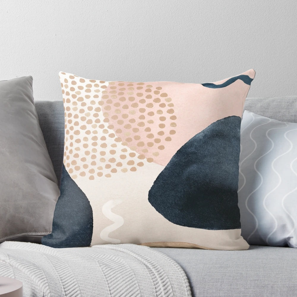 Navy blue and pink abstract patterned decorative throw pillow