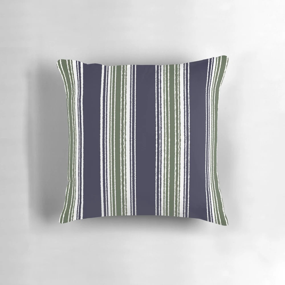 Navy blue and sage green striped decorative pillow