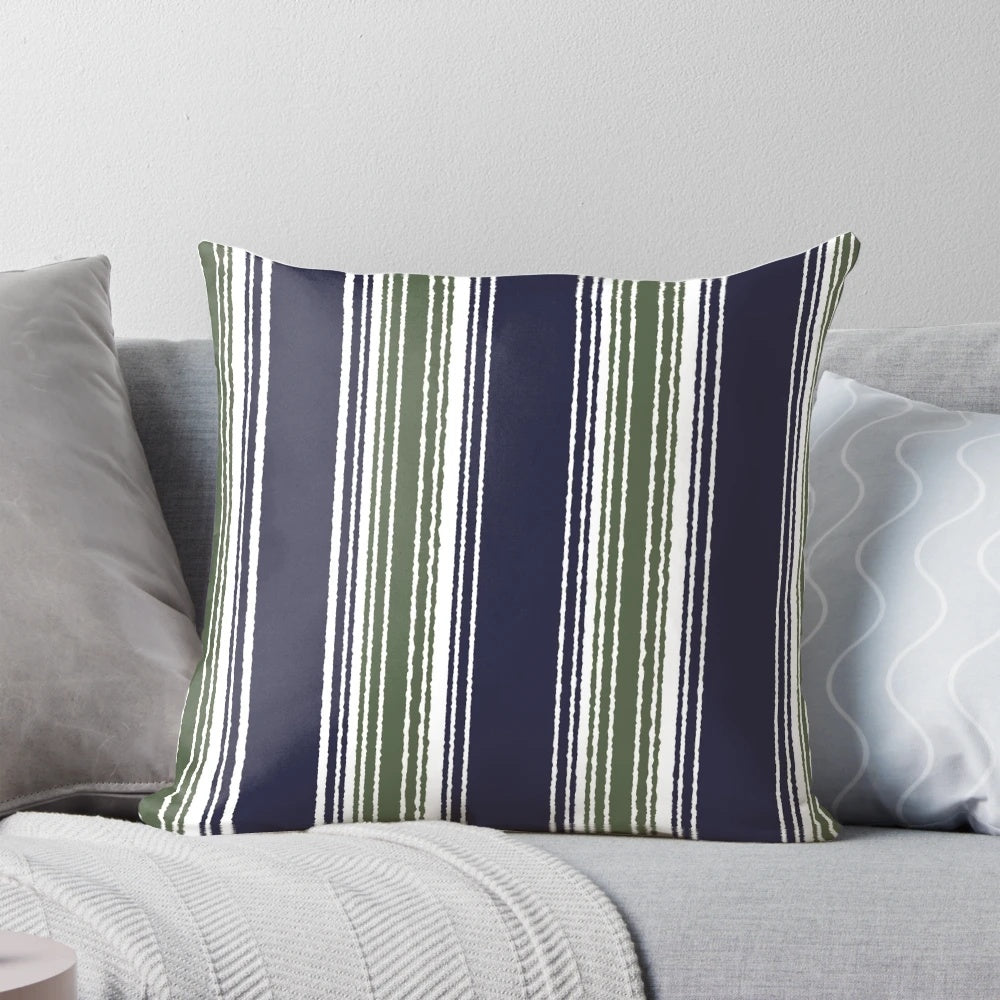 Navy blue and sage green striped decorative pillow