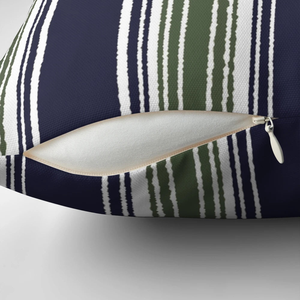 Navy blue and sage green striped decorative pillow
