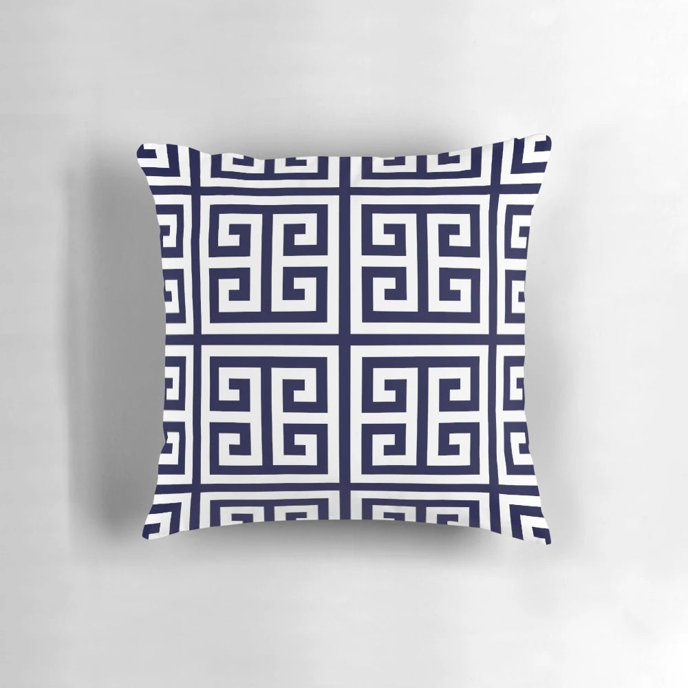 Navy blue and white greek key pattern decorative pillow