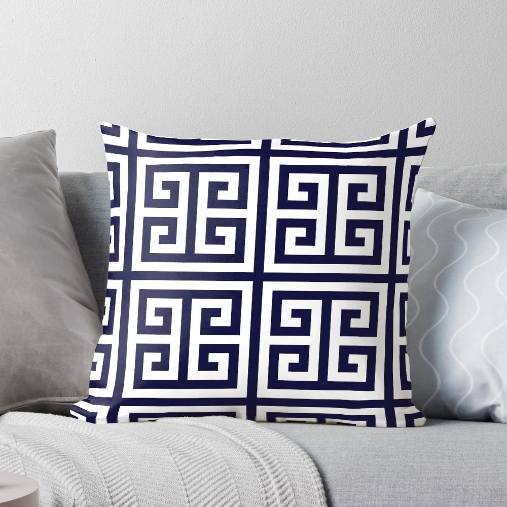 Navy blue and white greek key pattern decorative pillow
