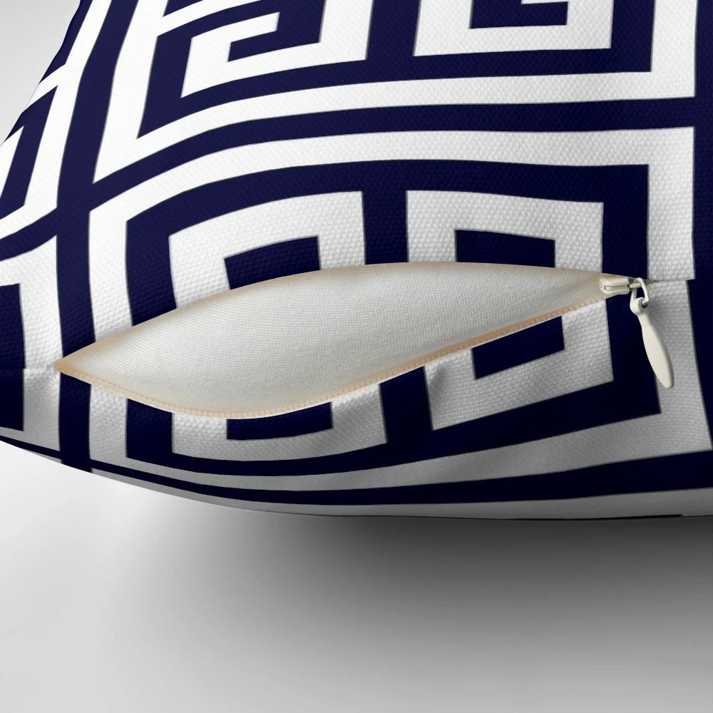 Navy blue and white greek key pattern decorative pillow
