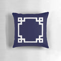 Navy blue and white square decorative throw pillow with greek key pattern