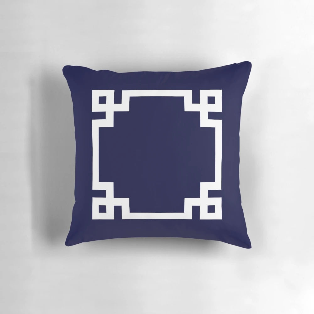 Navy blue and white square decorative throw pillow with greek key pattern