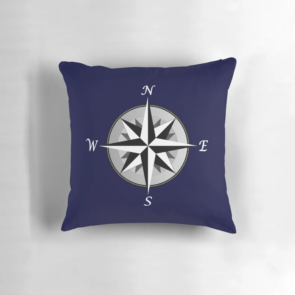 Navy blue and white compass rose decorative pillow