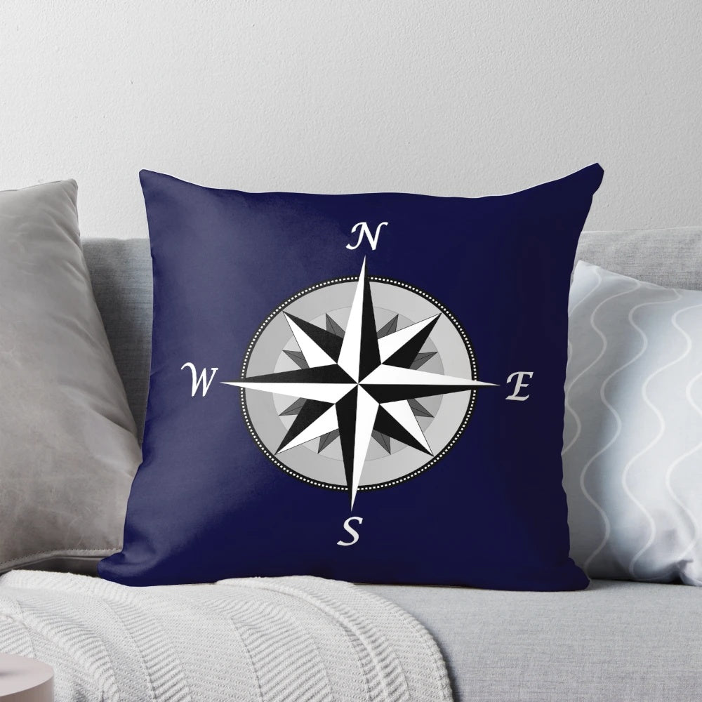 Navy blue and white compass rose decorative pillow