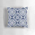 Navy blue pillow with a modern Moroccan tile pattern, perfect for adding a touch of classic style to any room.