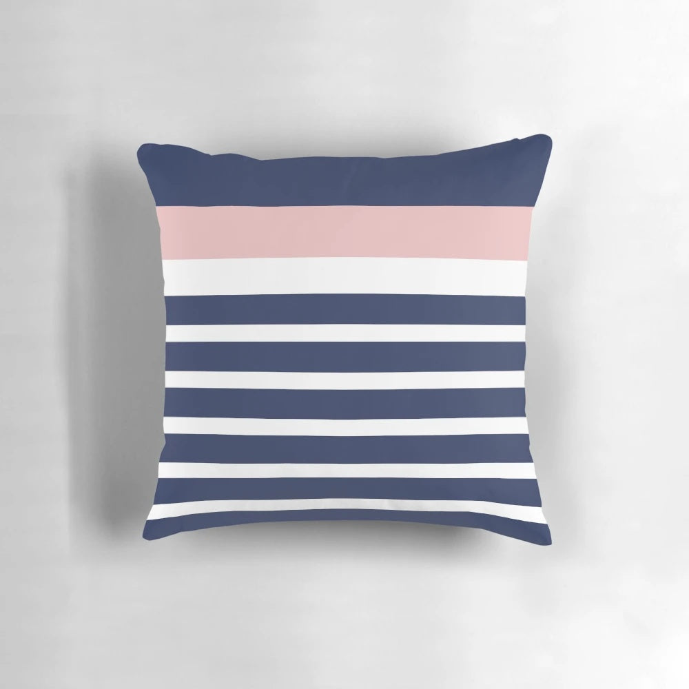 Navy blue, pink, and white minimalist striped pillow